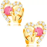 Náušnice ve žlutém 14K zlatě, obrys srdíčka zdobený čirými zirkony a rubínem