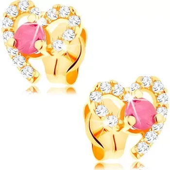 Náušnice Náušnice ve žlutém 14K zlatě, obrys srdíčka zdobený čirými zirkony a rubínem