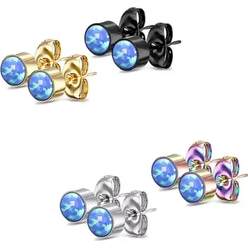 Náušnice Náušnice z chirurgické oceli - kulatý syntetický opál modré barvy, puzetové zapínání, 4 mm - Barva: Černá