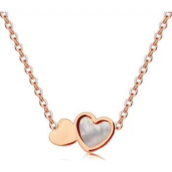 Náhrdelník Náhrdelník z oceli měděné barvy, oválná očka, dvě plochá srdce, perleť, duhové odlesky
