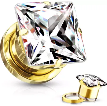 Piercing Plug do ucha z chirurgické oceli - čtvercový zirkon, lesklý povrch zlaté barvy, PVD - Tloušťka : 8 mm