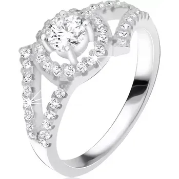 Prsten Stříbrný 925 prsten, rozvětvená ramena, okrouhlý kámen s lemem - Velikost: 50