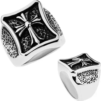 Prsten Prsten stříbrné barvy, chirurgická ocel, lesklý kříž s rozdělenými cípy - Velikost: 62