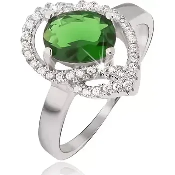 Prsten Stříbrný prsten 925, oválný zelený kamínek, zirkonové oblouky - Velikost: 55