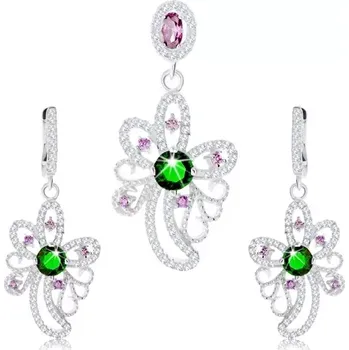 Náušnice Stříbrný set 925, přívěsek, náušnice, asymetrický květ zdobený zirkony