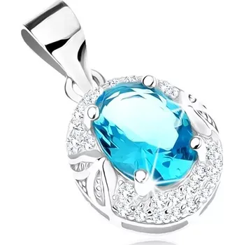 Přívěsek Přívěsek ze stříbra 925, světle modrý zirkonový ovál, čirý lem, lesklé lístky