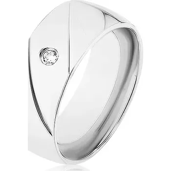 Prsten Prsten z oceli 316L, stříbrná barva, dva diagonální zářezy, čirý zirkonek - Velikost: 70