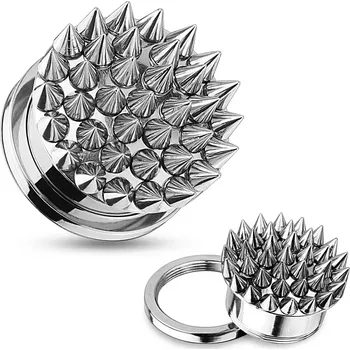 Piercing Tunel plug do ucha z oceli 316L, stříbrná barva, povrch zdobený ostny - Tloušťka : 16 mm