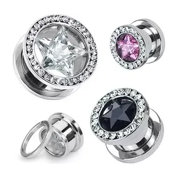Piercing Tunel do ucha - zirkonová hvězda - Tloušťka : 5 mm, Barva zirkonu: Čirá - C