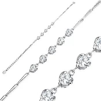 Náramek Stříbrný náramek 925, nastavitelný, lesklé články, čiré zirkony v lístečku