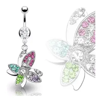Piercing Luxusní ocelový piercing bříška, krásný barevný květ vykládaný zirkony