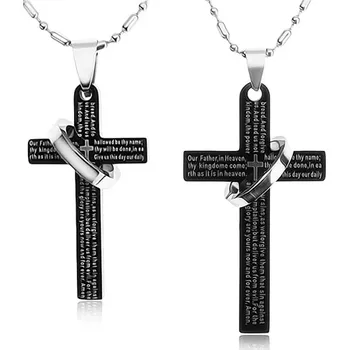 Náhrdelník Sada náhrdelníků pro dvojici z oceli 316L, černé kříže s kroužkem, modlitba