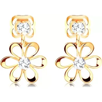 Náušnice Diamantové náušnice ve žlutém 14K zlatě - kvítek s oblými lupínky, čiré brilianty