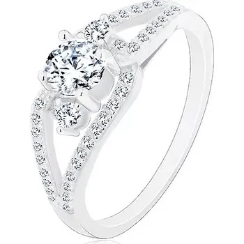 Prsten Stříbrný prsten 925, rozdělená třpytivá ramena, tři kulaté čiré zirkony - Velikost: 65