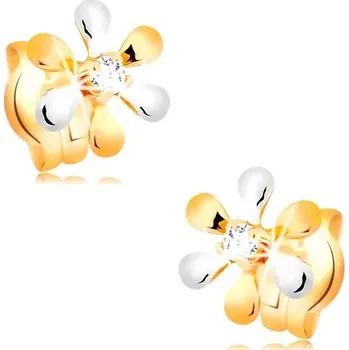 Náušnice Náušnice ze 14K zlata - kvítek s dvoubarevnými lupínky a briliantem