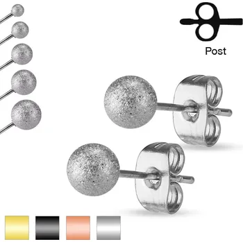 Náušnice Puzetové náušnice, ocel 316L, pískované třpytivé kuličky, 5 mm - Barva: Zlatá