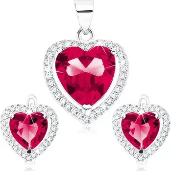 Souprava šperků Set náušnic a přívěsku ze stříbra 925, červenorůžové srdce, čirá kontura