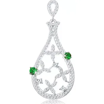 Přívěsek Stříbrný přívěsek 925, obrys kapky zdobený čirými květy, zelené zirkony