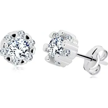 Náušnice Zlaté náušnice 14K - zářivý květ čiré barvy a drobná lesklá srdíčka, bílé zlato