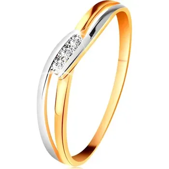 Prsten Diamantový prsten ze 14K zlata, tři čiré brilianty, rozdělená zvlněná ramena - Velikost: 54