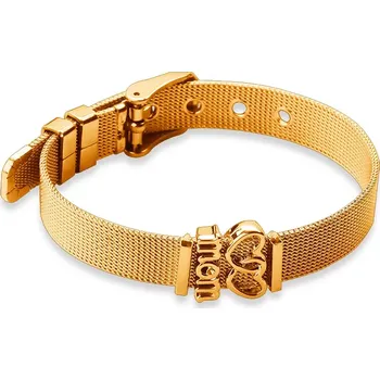 Náramek Ocelový síťovaný náramek ve zlaté barvě se spojenými srdíčky a nápisem "MOM"