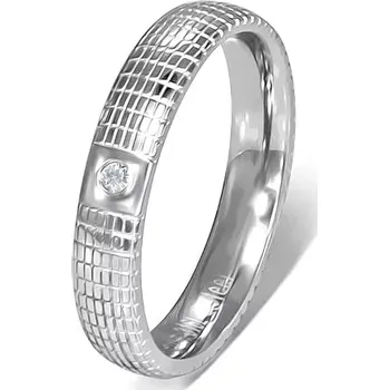 Prsten Stříbrný ocelový prsten s čirým kamínkem a mřížkou - Velikost: 50