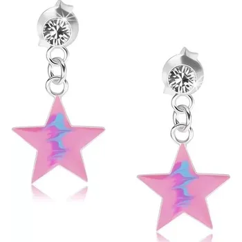 Náušnice Puzetové náušnice, stříbro 925, růžová hvězda, modrý cik cak vzor, krystal