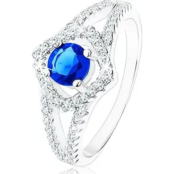 Prsten Stříbrný prsten 925, rozdvojená ramena, obrys čtverce, modrý zirkon - Velikost: 55