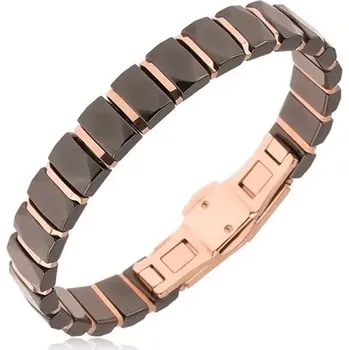 Náramek Náramek - černé keramické obdélníkové články, pásky zlatorůžové barvy