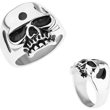 Prsten Prsten z oceli 316L, stříbrná barva, lesklá lebka, patinované části - Velikost: 68
