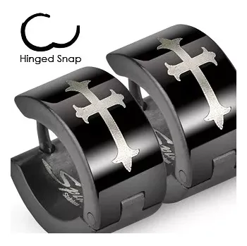 Náušnice Černé ocelové náušnice s liliovým křížem ve stříbrném odstínu