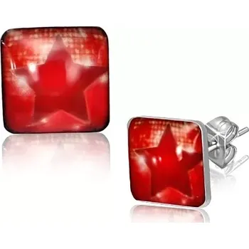 Náušnice Čtvercové ocelové náušnice - červená hvězda