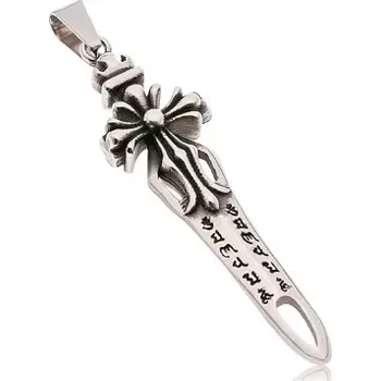 Přívěsek Přívěsek z chirurgické oceli, patinovaný meč s výřezy a liliovým křížem