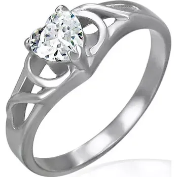 Prsten Zásnubní prsten z chirurgické oceli - čiré zirkonové srdce, ornamenty - Velikost: 60