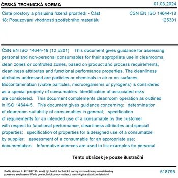 ČSN EN ISO 14644-18 - Čisté prostory a příslušná řízená prostředí - Část 18: Posuzování vhodnosti spotřebního materiálu - Tisk