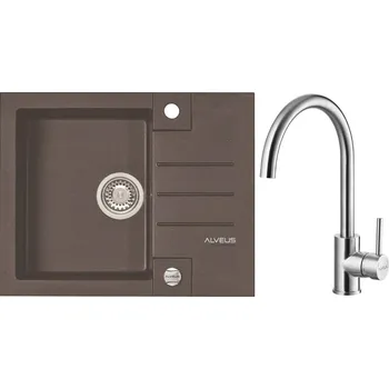 Granitový dřez Alveus Set Rock 30 Granitový dřez s odkapem 595x475 mm + baterie Elza BRS, chocolate, SETA402