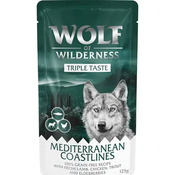 Krmivo pro psa 12x125g Wolf of Wilderness Adult "Triple Taste" - Mediterranean Coastlines - jehněčí, kuřecí, pstruh