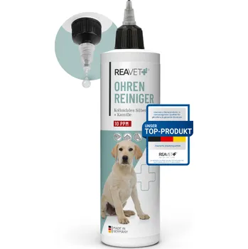 Kosmetika pro psa REAVET Čistič uší s koloidním stříbrem a vyživujícím heřmánkem pro psy, kočky, koně a hlodavce (250 ml)