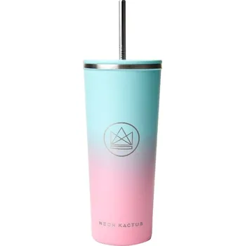 Termohrnek Neon Kactus Designový nerez pohár s brčkem 710 ml Tyrkysovo/růžový