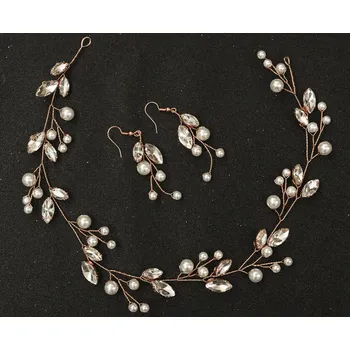 Souprava šperků B-TOP Slavnostní set ozdoby do vlasů a náušnic s perlami a krystaly Druh barvy: Zlatá růžová