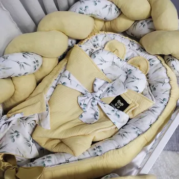 Hnízdečko pro miminko MIMOUŠEK Set do postýlky autorská bavlna eucalyptus mušelín creme