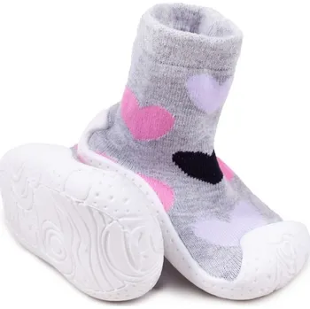 YO Ponožky s gumovou podrážkou - ponožkoboty dívčí - šedé se srdíčky, velikost: 22