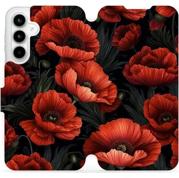 Pouzdro na mobilní telefon Flipové pouzdro Mobiwear - Samsung Galaxy A35 5G - VP45S Temné červené květy (Knížkové flip pouzdro, obal, kryt na mobil Samsung Galaxy A35 5G - VP45S Temné červené květy, materiál Umělá kůže + TPU - ochrana 360°, stojánek, silikonová vanička, magnetické)