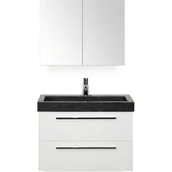 Koupelnový nábytek Koupelnový nábytkový set Seville 80 cm s umyvadlem z přírodního kamene a zrcadlovou skříňkou bílá vysoce lesklá