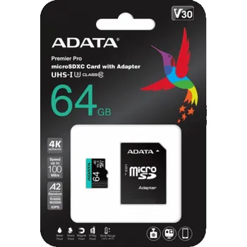 Paměťová karta Karta ADATA Premier Pro MicroSDXC 64GB Class 10 UHS-I/U3 A2 V30 (AUSDX64GUI3V30SA2-RA1)