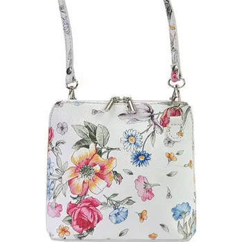 Kabelka Malá kožená květovaná celozipová crossbody kabelka bílá
