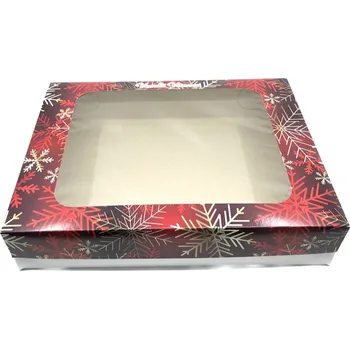 Dárková krabička Vánoční krabička červená se zlatými vločkami s průhledným okénkem na 1,5 kg cukroví 38x28x5 cm