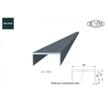 Plot KVN ALUMINIUM U profil s povrchovou úpravou ANTRACIT RAL7016 50x22x6000mm, materiál EN AW-6060 T66, cena za KUS