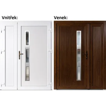 Vchodové dveře Dvoukřídlé vchodové dveře plastové Soft Venus Inox+Panel Plný, Zlatý dub/bílá, 130x200 cm, pravé