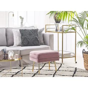 Taburet Úložná Lavice Růžová Polyester Samet Čalouna Zlaté Železné Nohy Glam Design Obývací Pokoj Podnožka Beliani